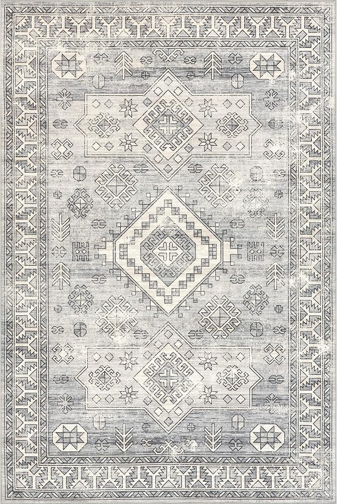 nuLOOM 5x8 Machine Washable Rain Haven Vintage Medallion Area Rug, Grey, Traditional Faded Design, Non-Slip Backing, Stain Resistant, For Bedroom, Dining Room, Living Room, Kitchen