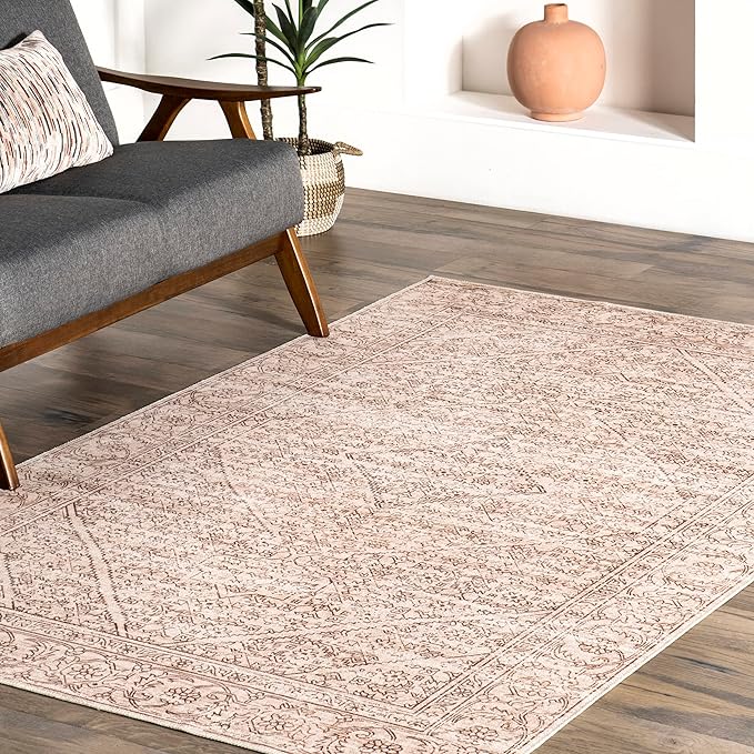 nuLOOM Shontal Traditional Machine Washable Ultra Thin Area Rug, 4' x 6', Beige