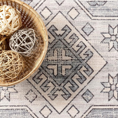 nuLOOM 5x8 Machine Washable Rain Haven Vintage Medallion Area Rug, Grey, Traditional Faded Design, Non-Slip Backing, Stain Resistant, For Bedroom, Dining Room, Living Room, Kitchen