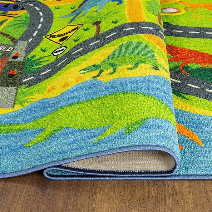 KC Cubs Playtime Collection Dinosaur Dino Safari Road Map Educational Learning & Game Area Rug Carpet for Kids and Children Bedrooms and Playroom (3'3" x 4'7")