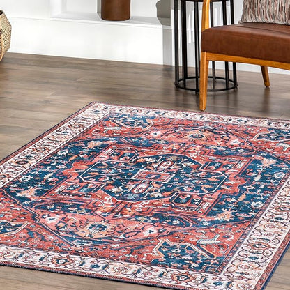 nuLOOM 4x6 Machine Washable Rain Haven Vintage Medallion Area Rug, Rust, Traditional Faded Design, Non-Slip Backing, Stain Resistant, For Bedroom, Dining Room, Living Room, Kitchen