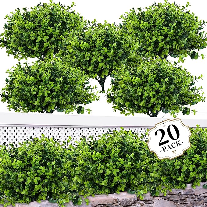 20 Bundles Artificial Greenery Boxwood Plants, Fake Plant for Garden Porch, Window Box, Home Wedding, Farmhouse, and Indoor Outdoor Decoration
